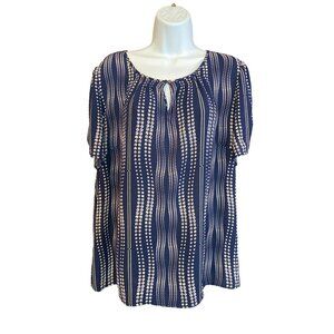 Talbots Womens Blouse XL Navy Blue White Dots Keyhole Neckline Grannycore